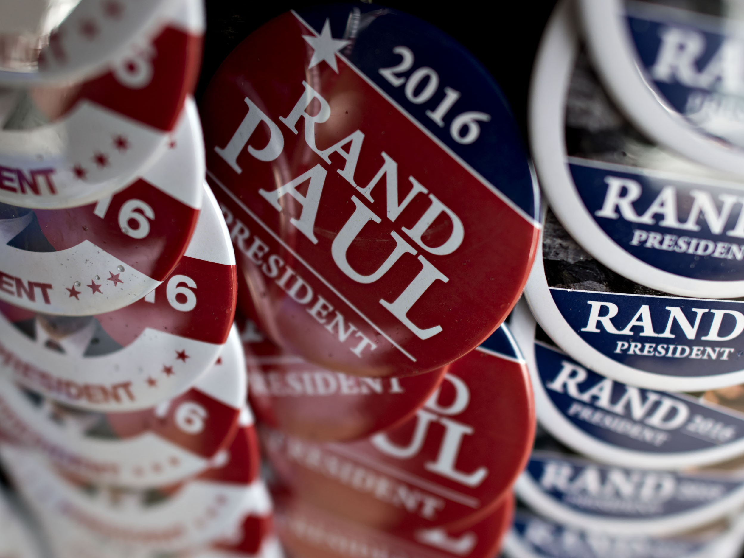 Buttons supporting U.S. Senator Rand Paul sit on display during a campaign stop in Atkins, Iowa, when he was still in the 2016 race.