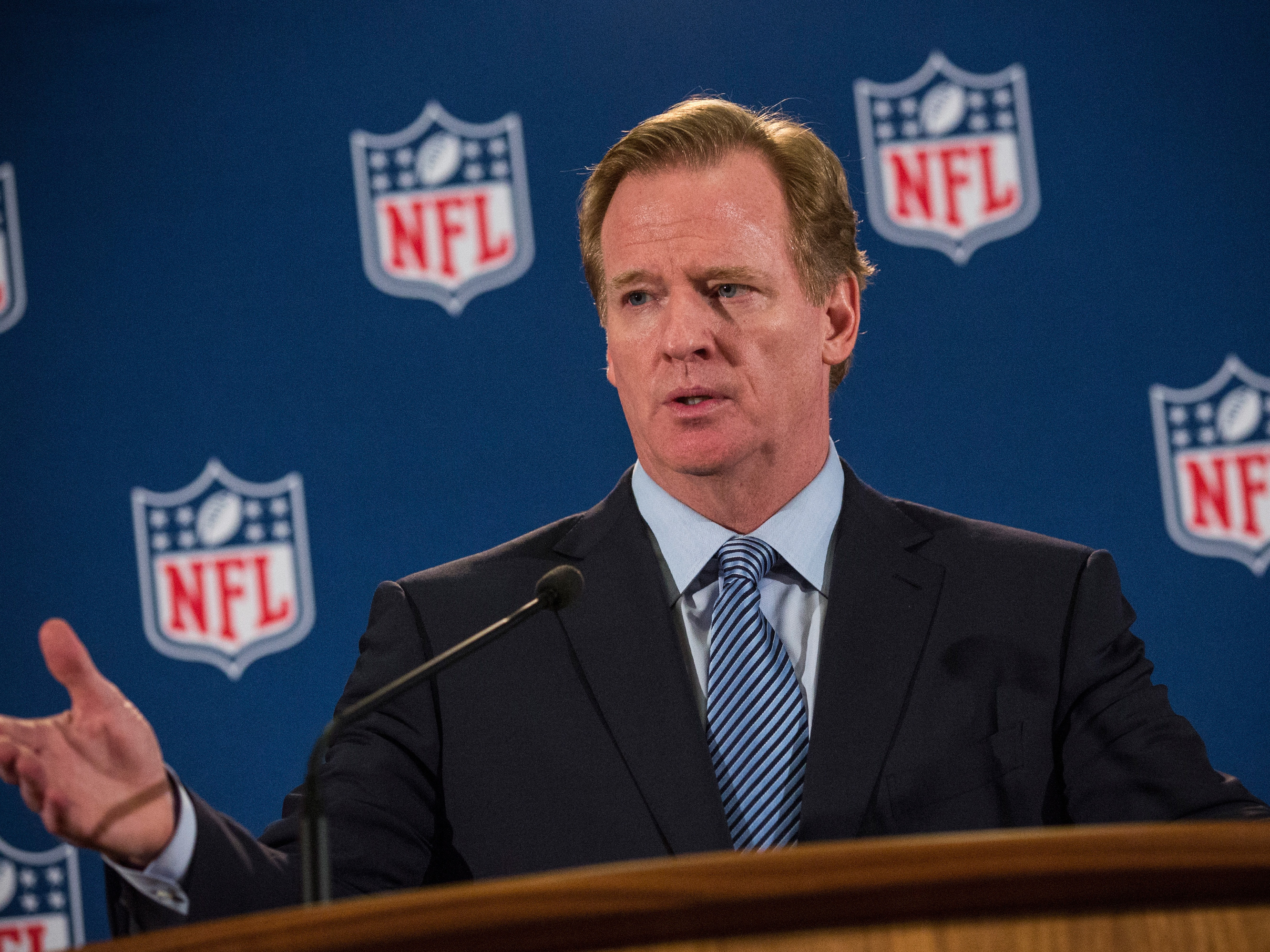 NFL Commissioner Roger Goodell holds a press conference on October 8, 2014 in New York City. (Getty Images)