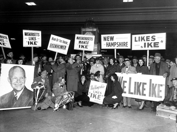 Delegations of Dwight Eisenhower supporters from New Hampshire and Massachusetts at Boston's South Station in 1952.