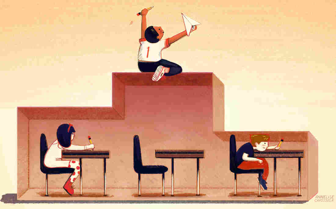 Student playing with paper and pencil instead of sitting in box like other children