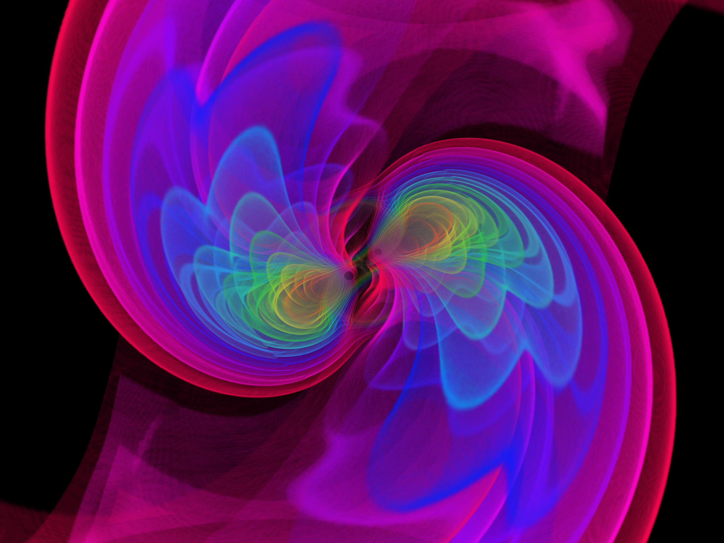 A simulation shows gravitational waves coming from two black holes as they spiral in together. (S. Ossokine , A. Buonanno (MPI for Gravitational Physics)/W. Benger (Airborne Hydro Mapping GmbH))