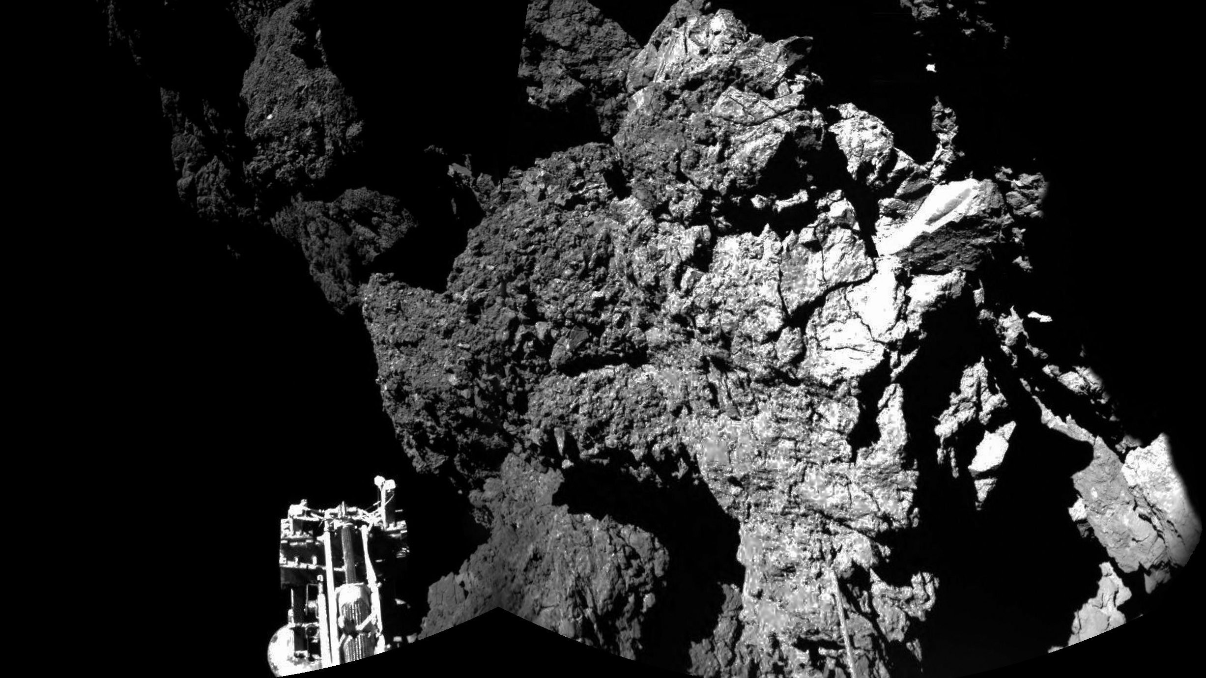 The final resting place of the Philae lander is seen here in a composite image relayed to Earth by the Rosetta orbiter. The lander is no longer communicating from comet 67P's surface.