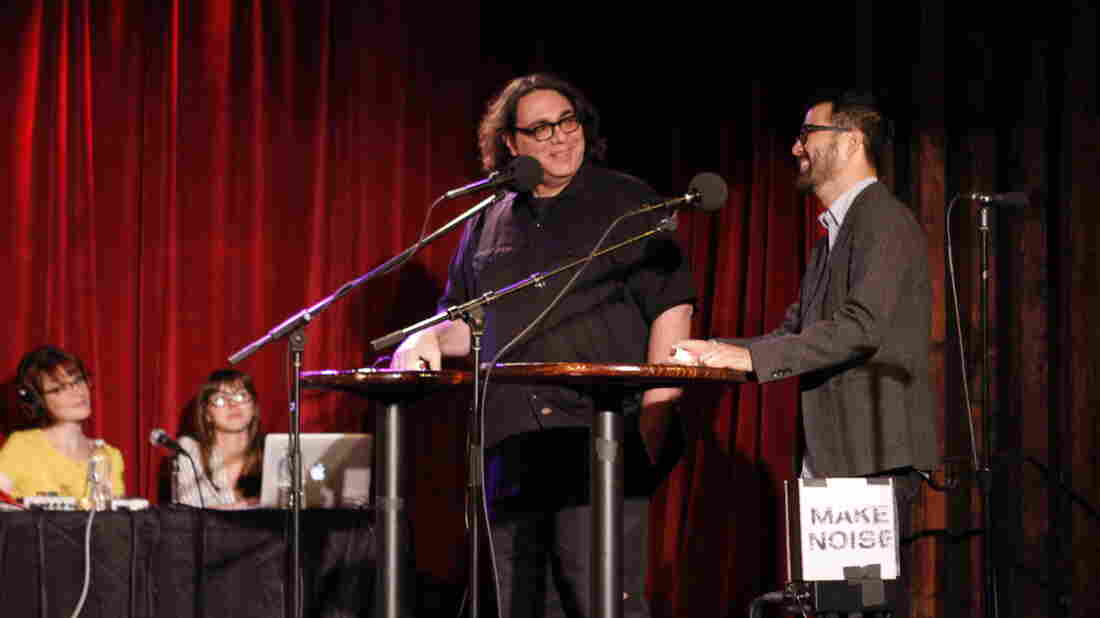 VIP Graphic illustrator Adrian Tomine (Right) and special guest Yo La Tengo's James McNew (Left) on Ask Me Another at The Bell House in Brooklyn, New York.
