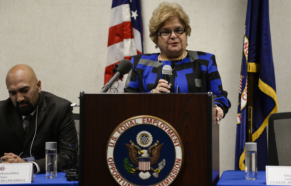 Elizabeth Cadle of the Equal Employment Opportunity Commission answers questions on Feb. 16 about the $1 million settlement of a lawsuit against Vail Run Resort. (John Leyba/Denver Post via Getty Images)
