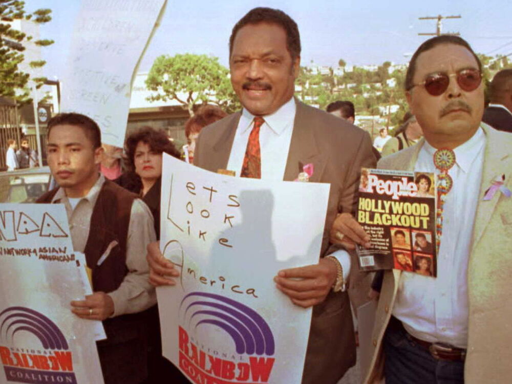 Jesse Jackson and members of the Rainbow Coalition protested the 68th Annual Academy Awards in 1996 for not producing more motion pictures with minorities.