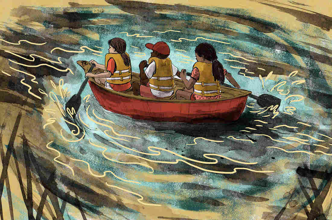 Three kids canoeing together
