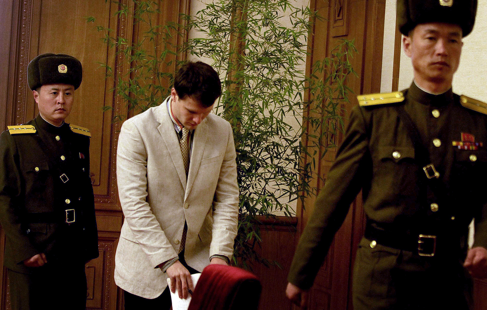 Otto Frederick Warmbier, 21, arrives at the People's Cultural House in Pyongyang, North Korea, where he asked forgiveness in front of the media Monday. (Kim Kwang Hyon/AP)