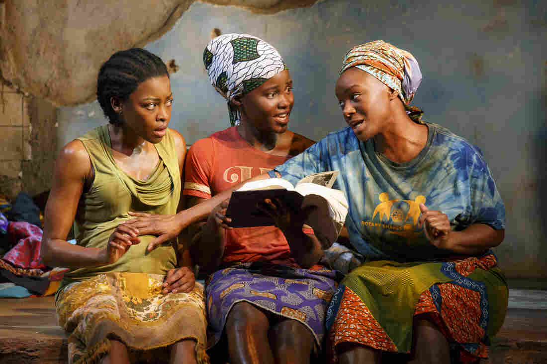 Gurira was inspired to write Eclipsed after reading an article in The New York Times about the Civil War in Liberia. Above, from left, Pascale Armand, Lupita Nyong'o and Saycon Sengbloh.