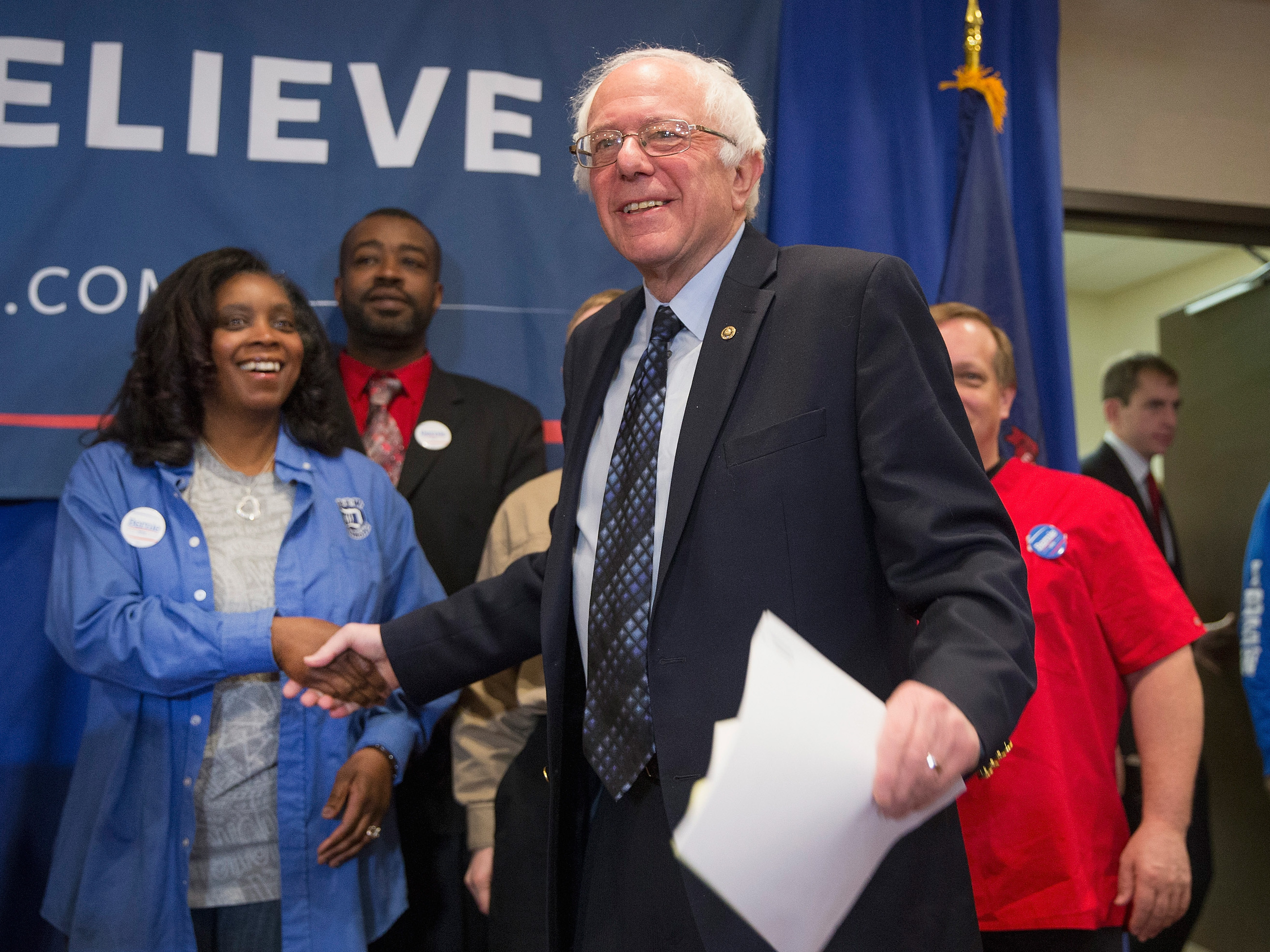 Bernie Sanders arrives for a press conference with union workers in East Lansing, Michigan, where he discussed the effect of free trade agreements on American workers. (Getty Images)