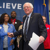 Bernie Sanders arrives for a press conference with union workers in East Lansing, Michigan, where he discussed the effect of free trade agreements on American workers.