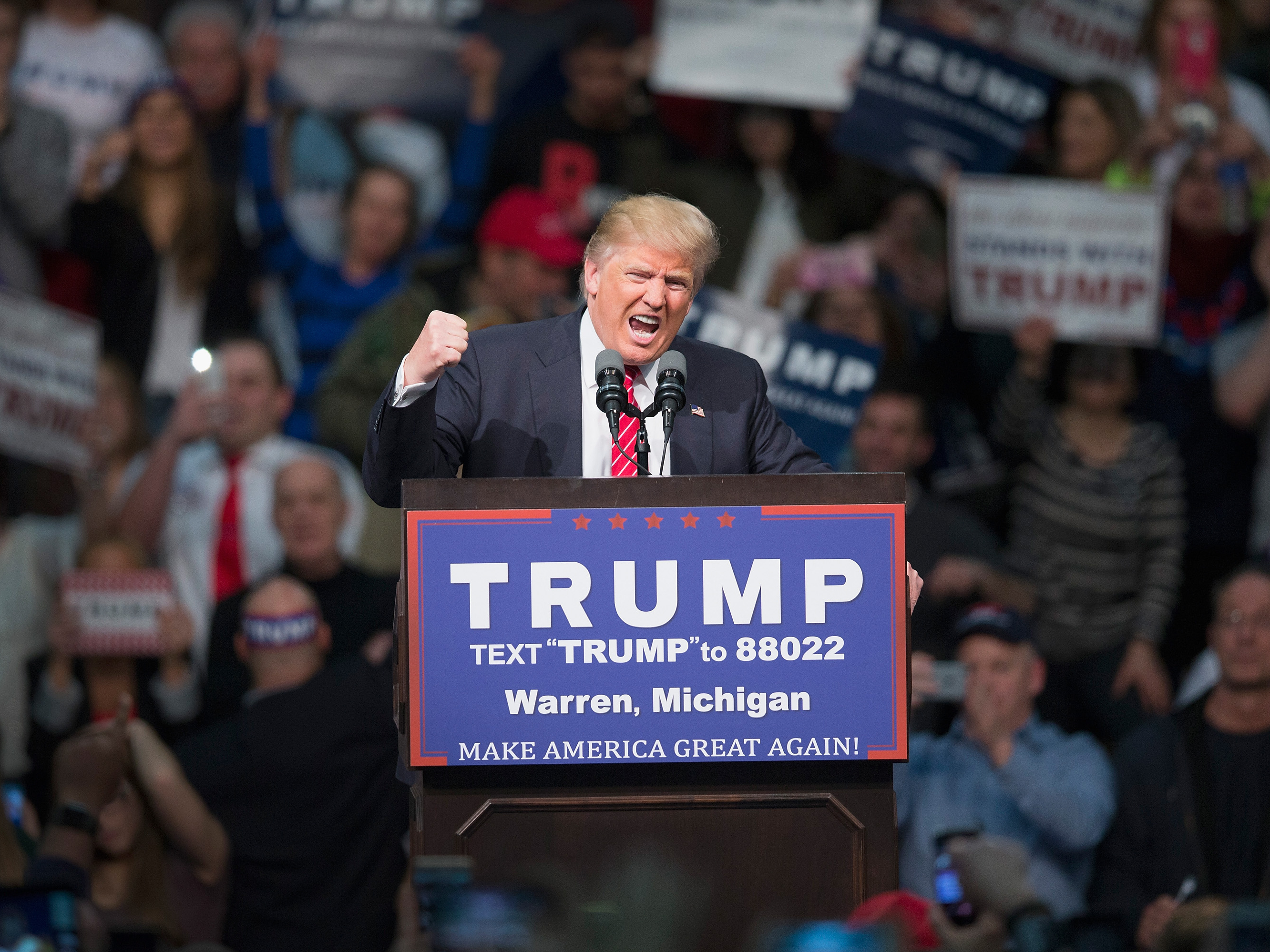 Donald Trump speaks during a rally at Macomb Community College in Michigan.