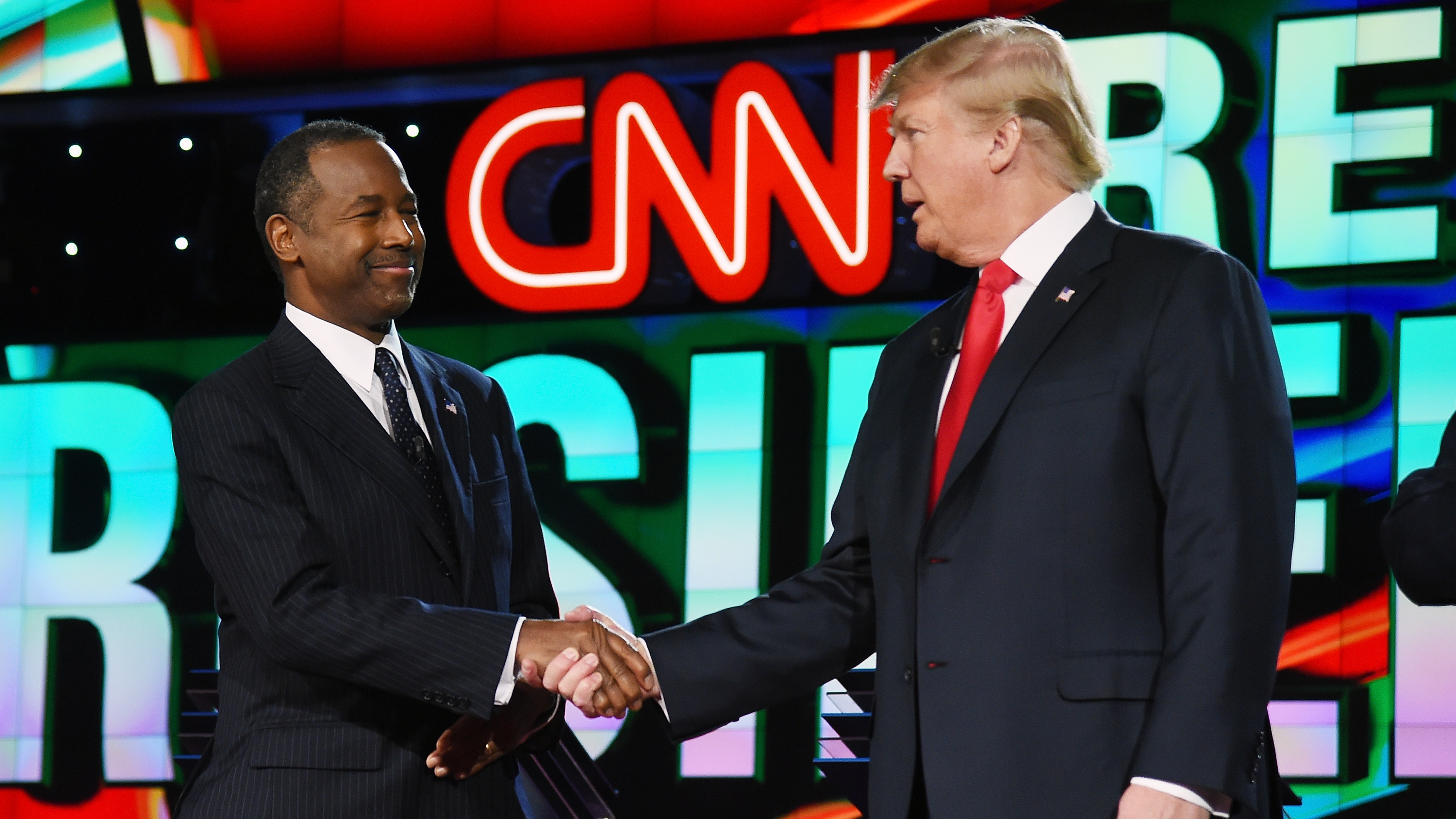 Ben Carson and Donald Trump at the CNN presidential debate at The Venetian Las Vegas in December. (Getty Images)