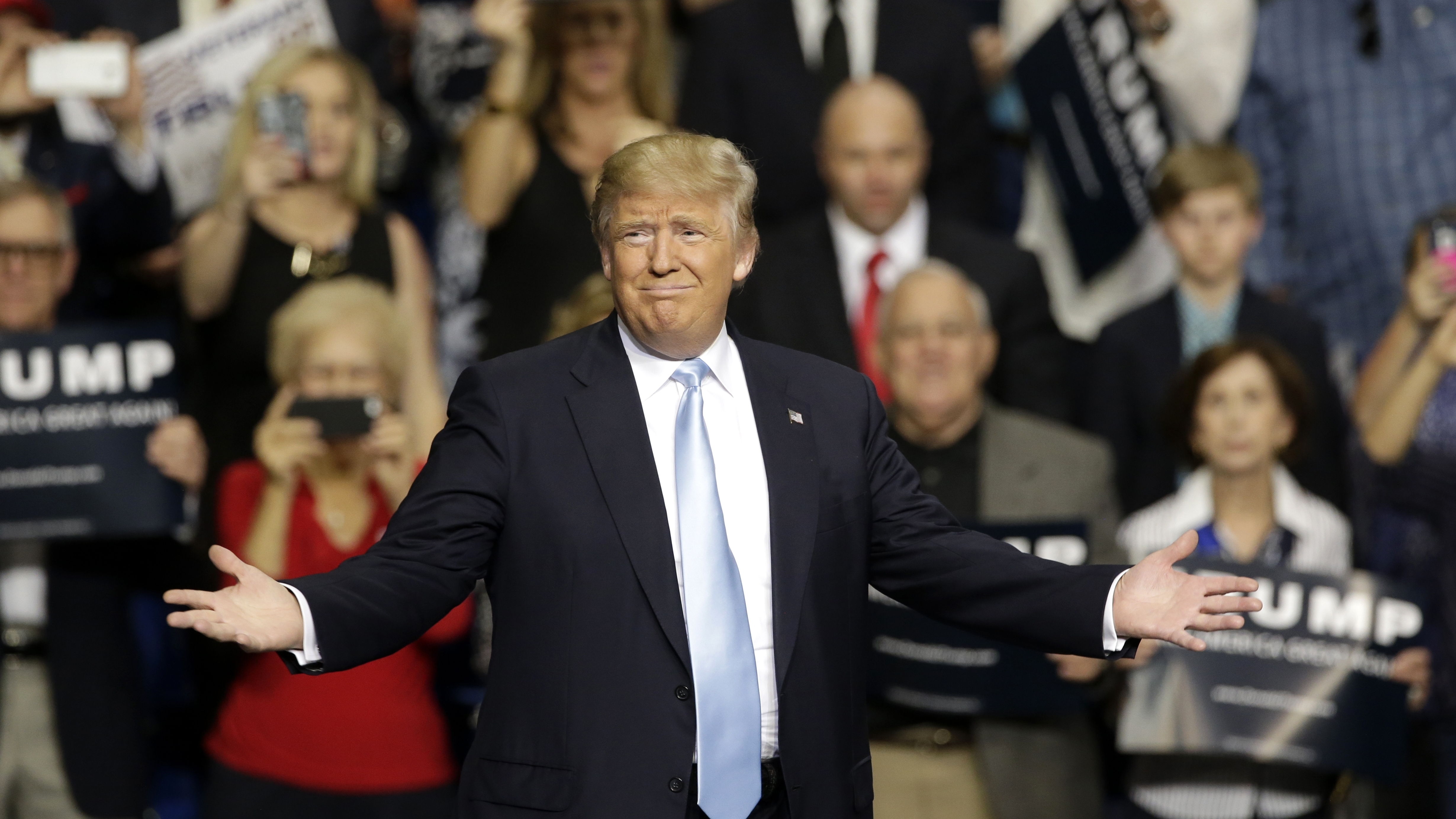 Donald Trump reacts during a campaign rally in Fayetteville, N.C., Wednesday.