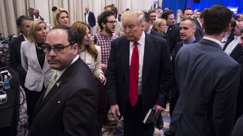 Reporter Michelle Fields resigned from Breitbart last night; she's seen here to the left of Donald Trump, at the campaign event that sparked an assault allegation last Tuesday. (The Washington Post/Getty Images)