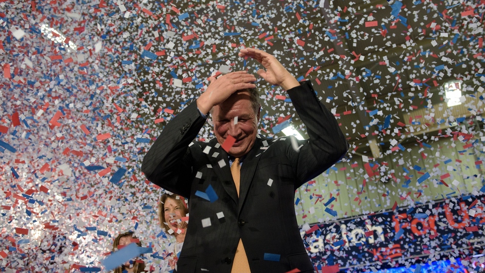 Gov. John Kasich celebrates his Ohio primary victory at Baldwin Wallace University in Berea, Ohio. (Brendan Smialowski/AFP/Getty Images)