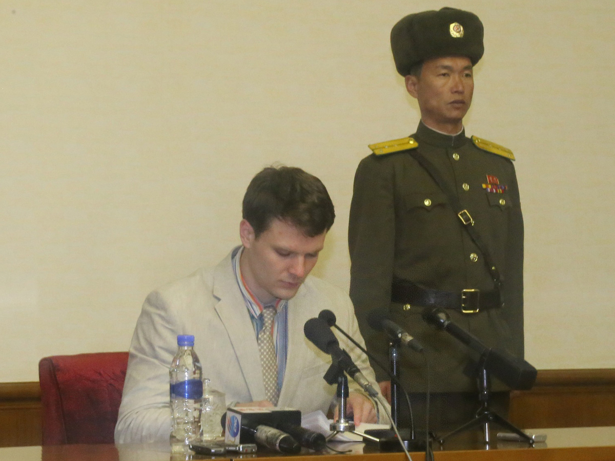 Otto Frederick Warmbier, a 21-year-old American student, speaks during a news conference in Pyongyang on February 29.
