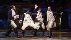 Marquis de Lafayette (Daveed Diggs), Hercules Mulligan (Okieriete Onaodowan), John Laurens (Anthony Ramos), and Alexander Hamilton (Lin-Manuel Miranda) in the acclaimed Broadway musical Hamilton.