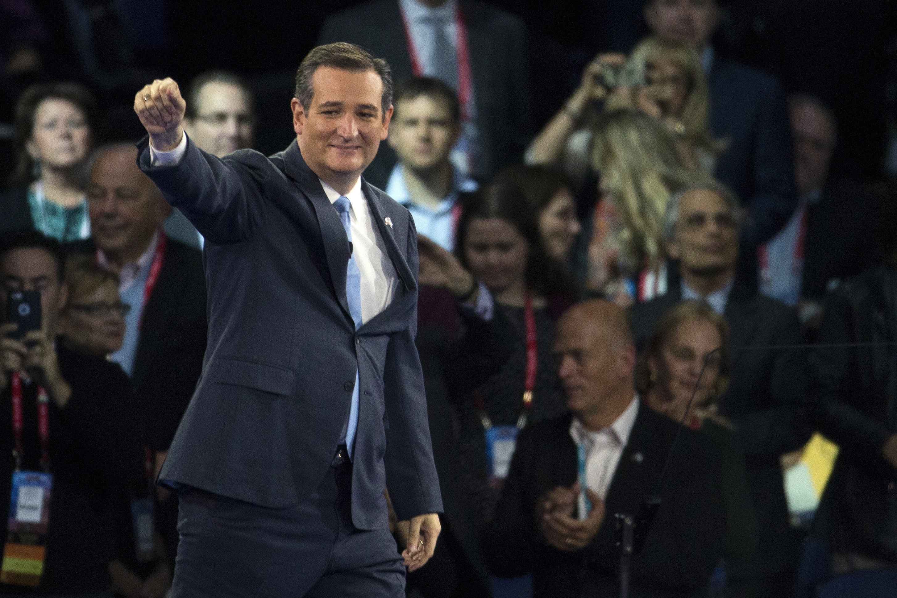 Republican presidential candidate Texas Sen. Ted Cruz waves as he arrives to speak at the 2016 American Israel Public Affairs Committee (AIPAC) Policy Conference on Monday, March 21, 2016, in Washington. (AP Photo/Evan Vucci)