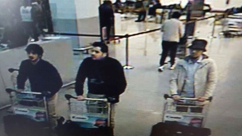 This image, provided by the Belgian Federal Police in Brussels, shows Ibrahim el Bakraoui (center), an unidentified attacker (left) and a wanted suspect (right) who is currently on the run. This image, provided by the Belgian Federal Police in Brussels, shows Ibrahim el Bakraoui (center), an unidentified attacker (left) and a wanted suspect (right) who is currently on the run.