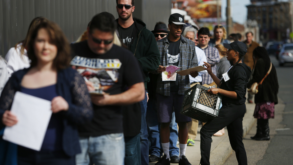 People wait in line in Allston, Mass., on March 13 for an open casting call for <em>Patriots Day, </em>a feature film about the Boston Marathon bombing. (Jessica Rinaldi/Boston Globe via Getty Images)