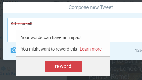 The Google Chrome extension is similar to a spell check function, except instead of flagging misspelled words, it identifies insults and hateful messages and then prompts the user to write something else. (Screen grab/NPR)