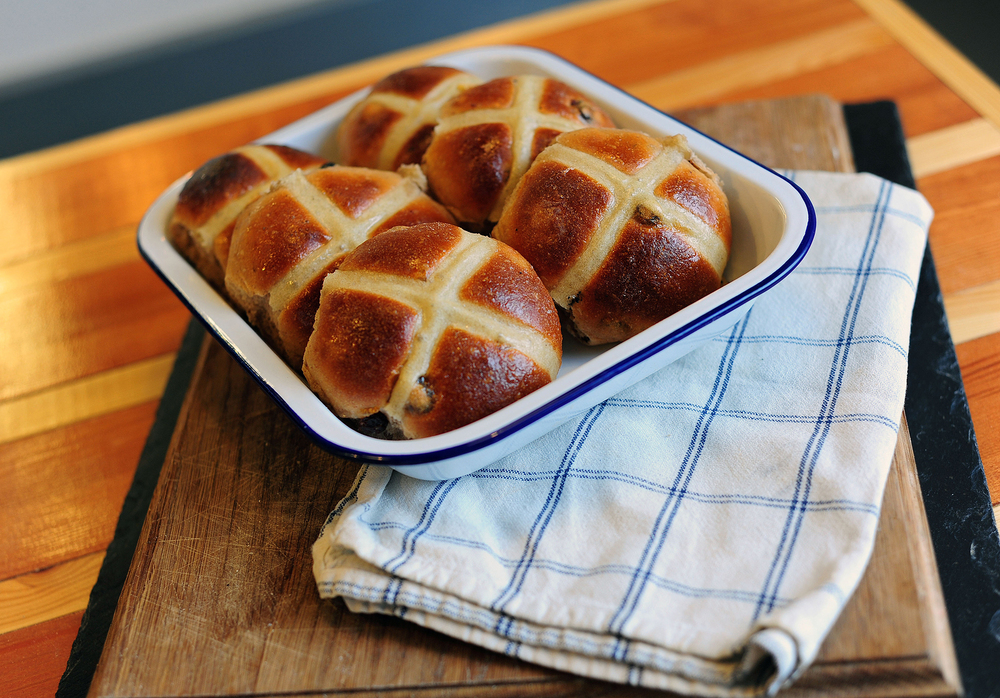 Traditional hot cross buns from Baker Tom's in the U.K. Easter is the bakery's second-busiest holiday after Christmas, and special orders for the buns start coming in weeks in advance.