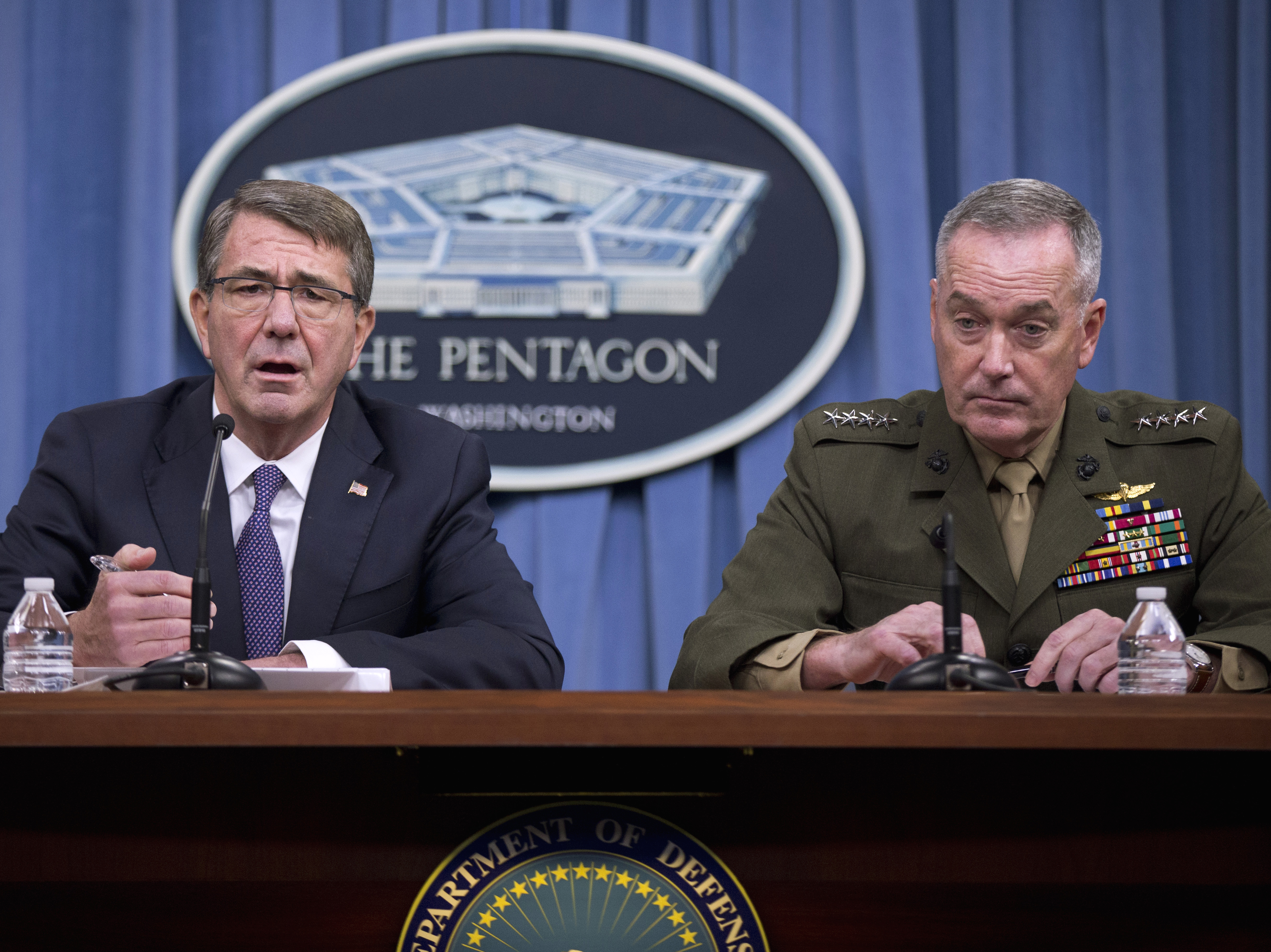 Defense Secretary Ash Carter (left) and Joint Chiefs Chairman Gen. Joseph Dunford, speak at the Pentagon on Friday. They announced that U.S. forces killed a senior Islamic State leader in an airstrike.