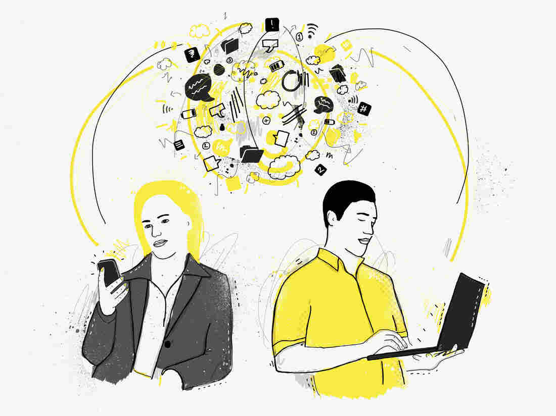 Illustration of people communicating via computers.