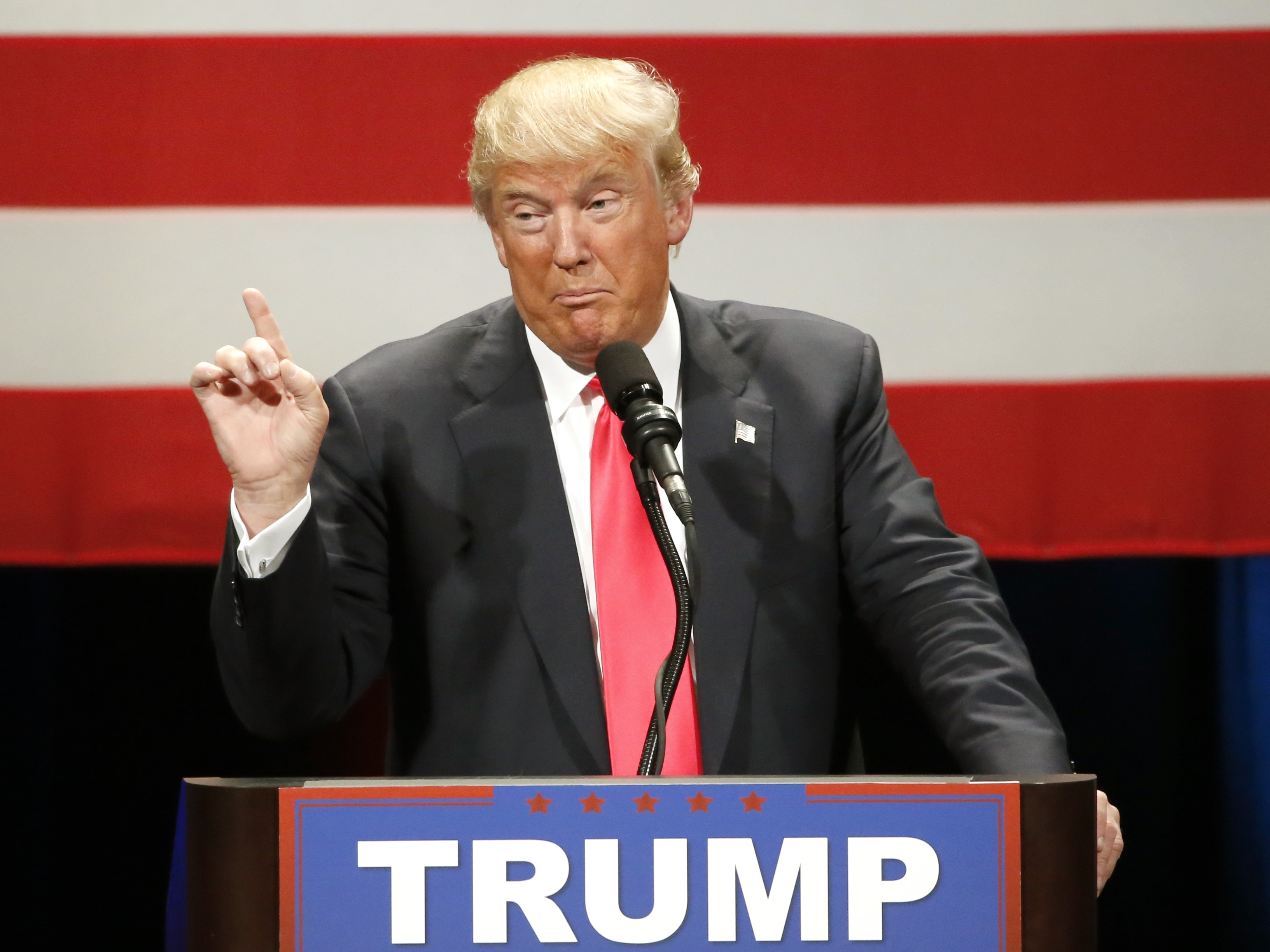 Republican presidential candidate, Donald Trump addresses the crowd during a rally in April in Milwaukee.