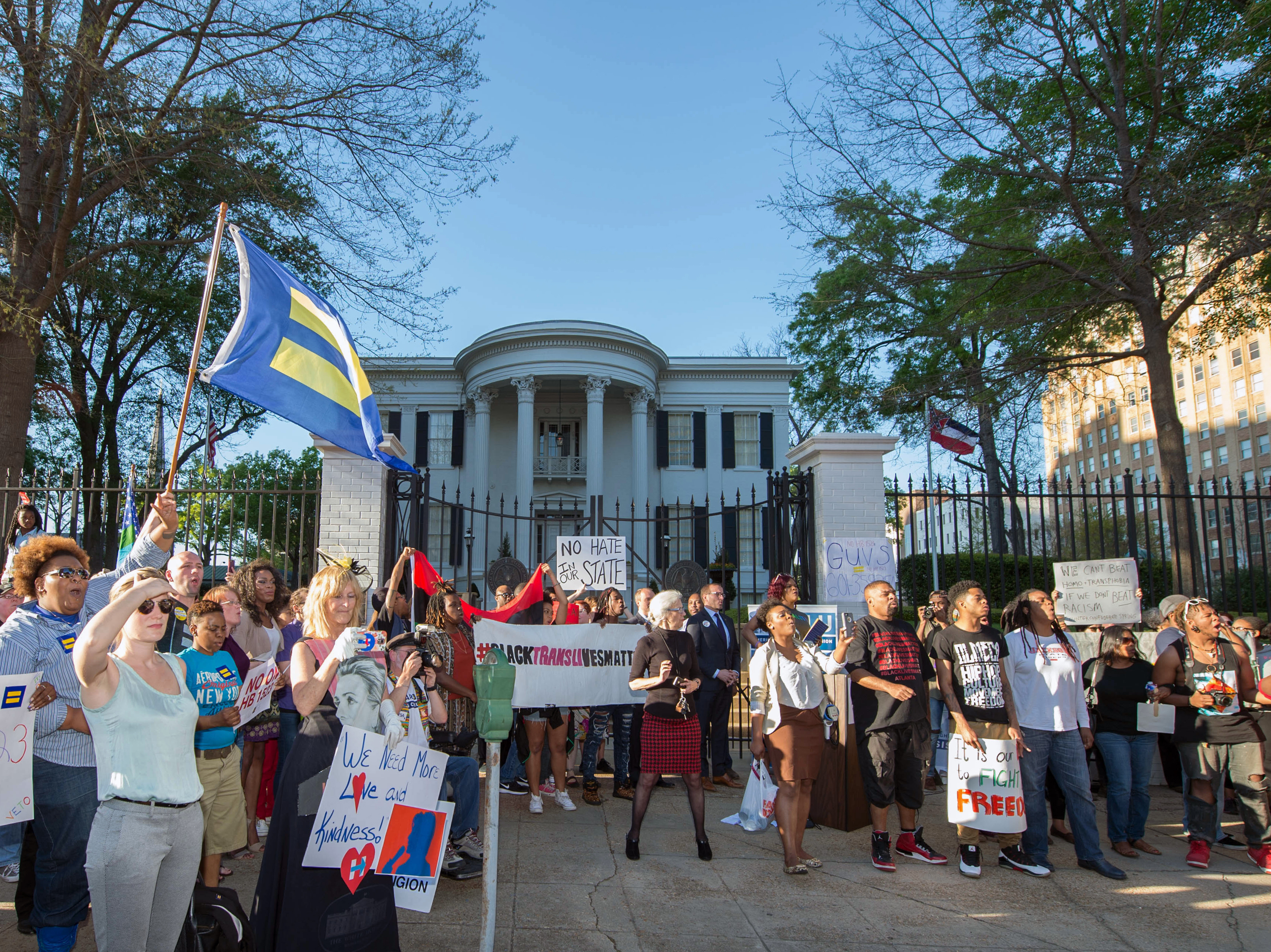 A crowd of around 500 protest against House Bill 1523 outside the governor's office during a rally by the Human Rights Campaign on Monday in Jackson, Miss.