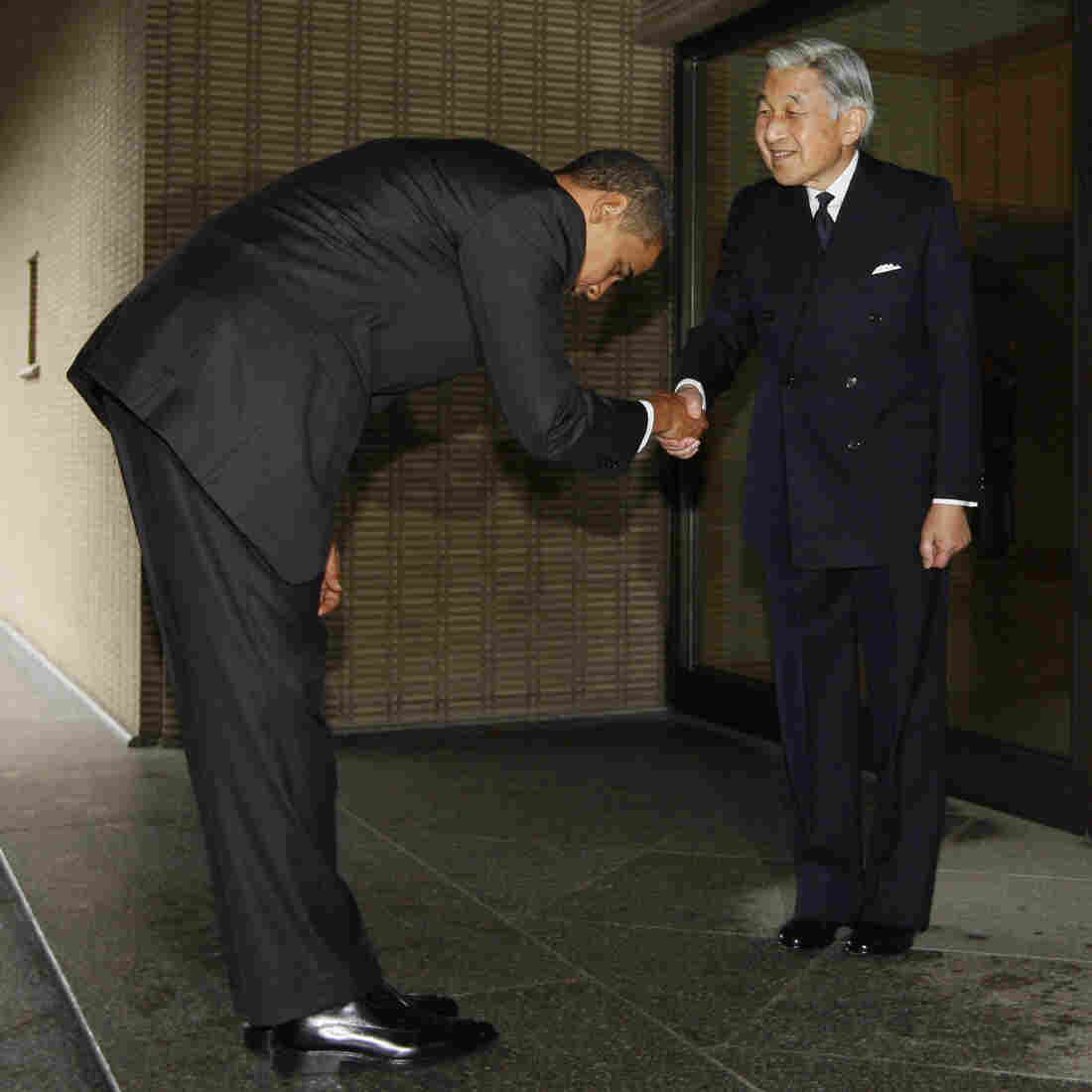 President Obama bows as he greets Japanese Emperor Akihito and Empress Michiko at the Imperial Palace in Tokyo in 2009. The president travels to Japan next month and there's speculation he might visit Hiroshima, the site of the world's first atomic bombing. President Obama bows as he greets Japanese Emperor Akihito and Empress Michiko at the Imperial Palace in Tokyo in 2009. The president travels to Japan next month and there's speculation he might visit Hiroshima, the site of the world's first atomic bombing.