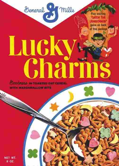 A box of Lucky Charms cereal.