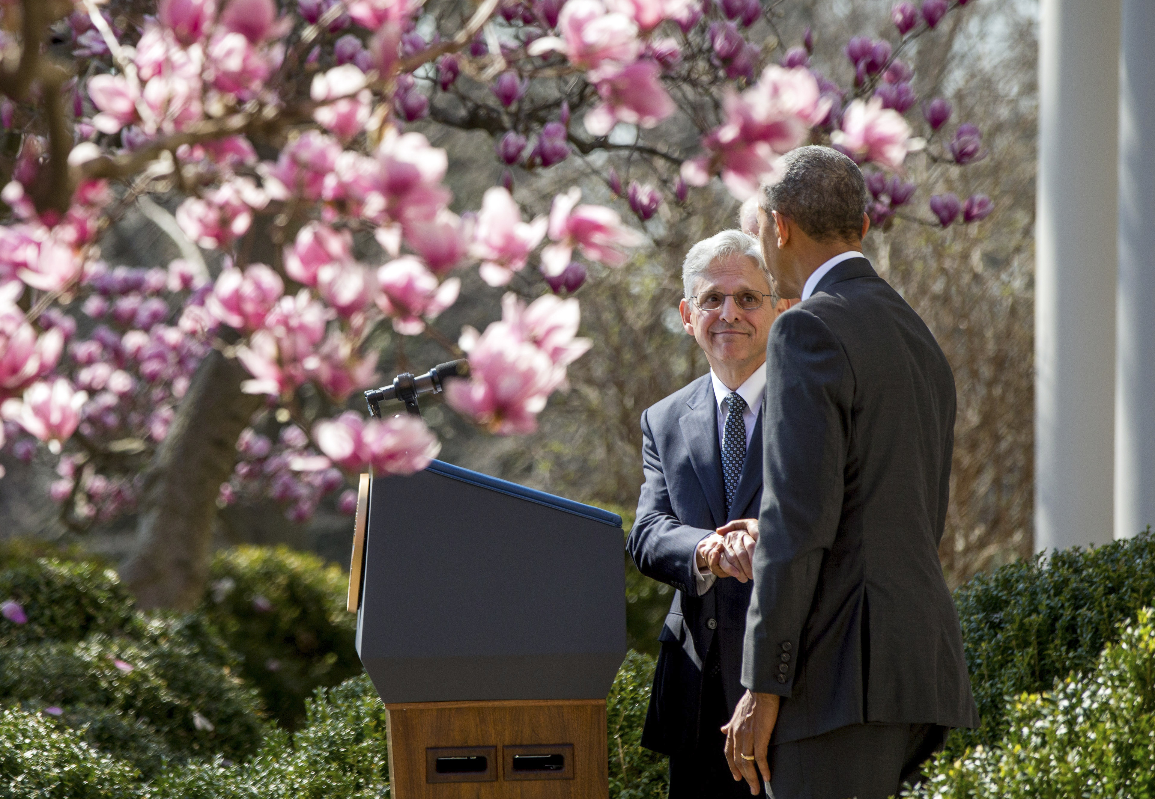 Supreme Court nominee Merrick Garland shakes hands with President Obama in the Rose Garden of the White House on March 16.