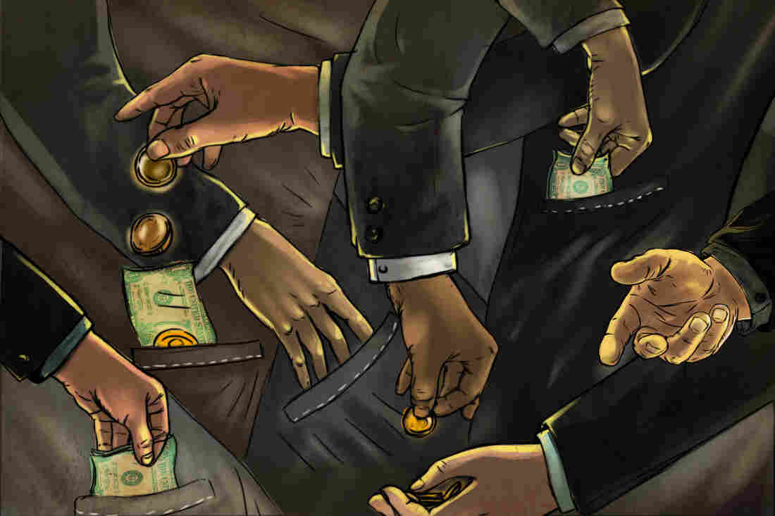 Illustrative image of business people exchanging money representing fraud