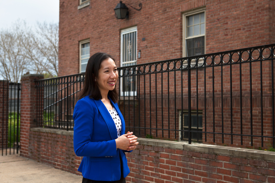 Dr. Leana Wen, Baltimore City health commissioner, visits a newly opened Safe Streets center in the Sandtown-Winchester neighborhood in West Baltimore. (Emily Bogle/NPR)
