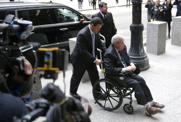 Former House Speaker Dennis Hastert arrives at the federal courthouse on Wednesday in Chicago for his sentencing.