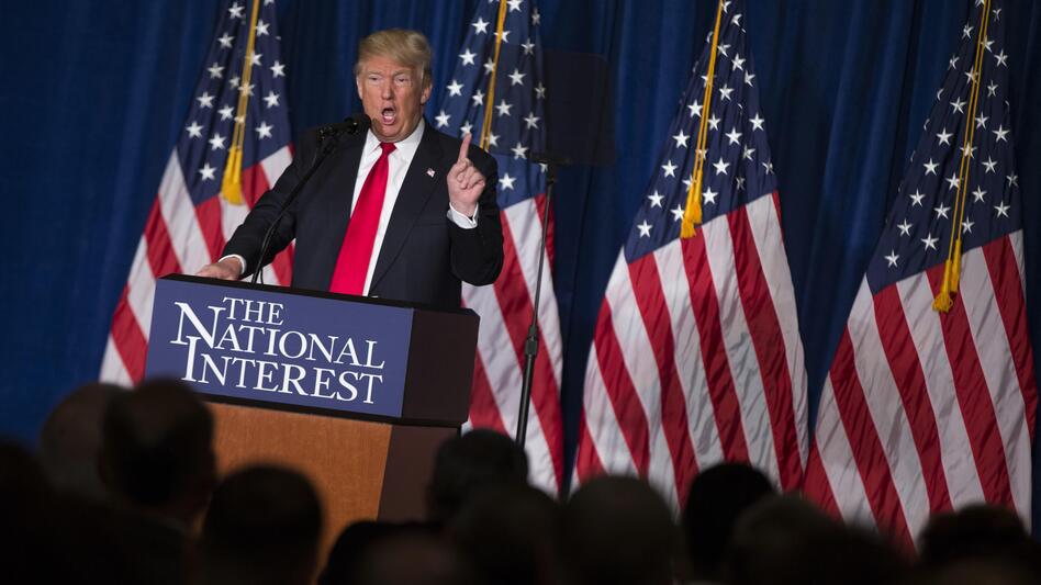 Donald Trump, the front-runner for the Republican presidential nomination, gave an outline of his worldview and foreign policy goals in an address in Washington Wednesday. (Evan Vucci/AP)