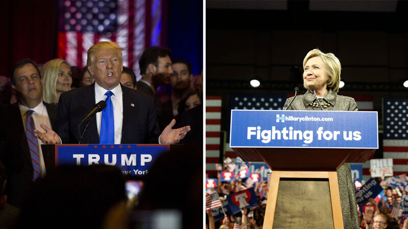 Donald Trump and Hillary Clinton speak to supporters while celebrating multiple primary victories across the Northeast on Tuesday night. Donald Trump and Hillary Clinton speak to supporters while celebrating multiple primary victories across the Northeast on Tuesday night.