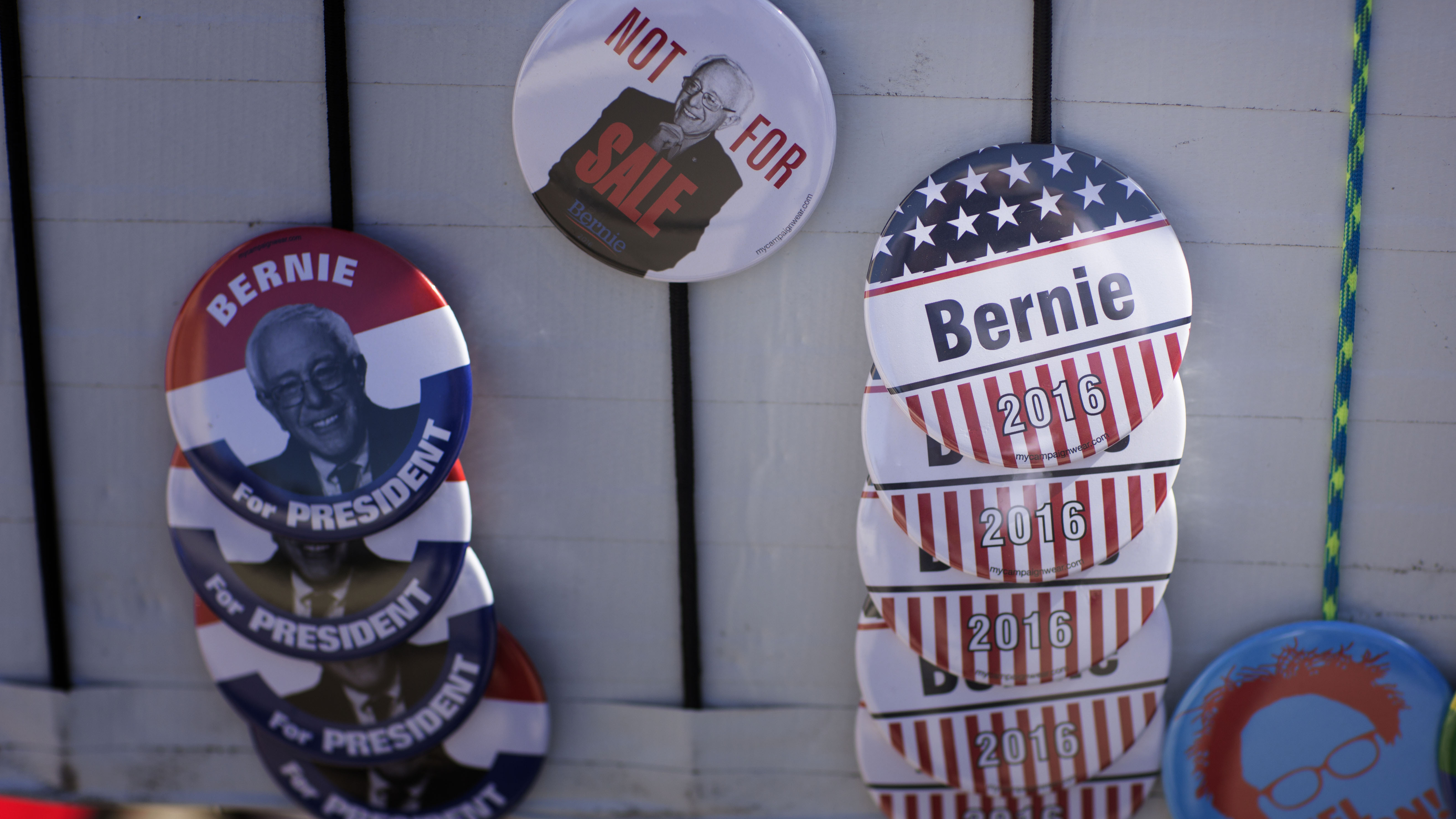Campaign gear for sale before a campaign rally for Bernie Sanders in Oklahoma City, Oklahoma in February.