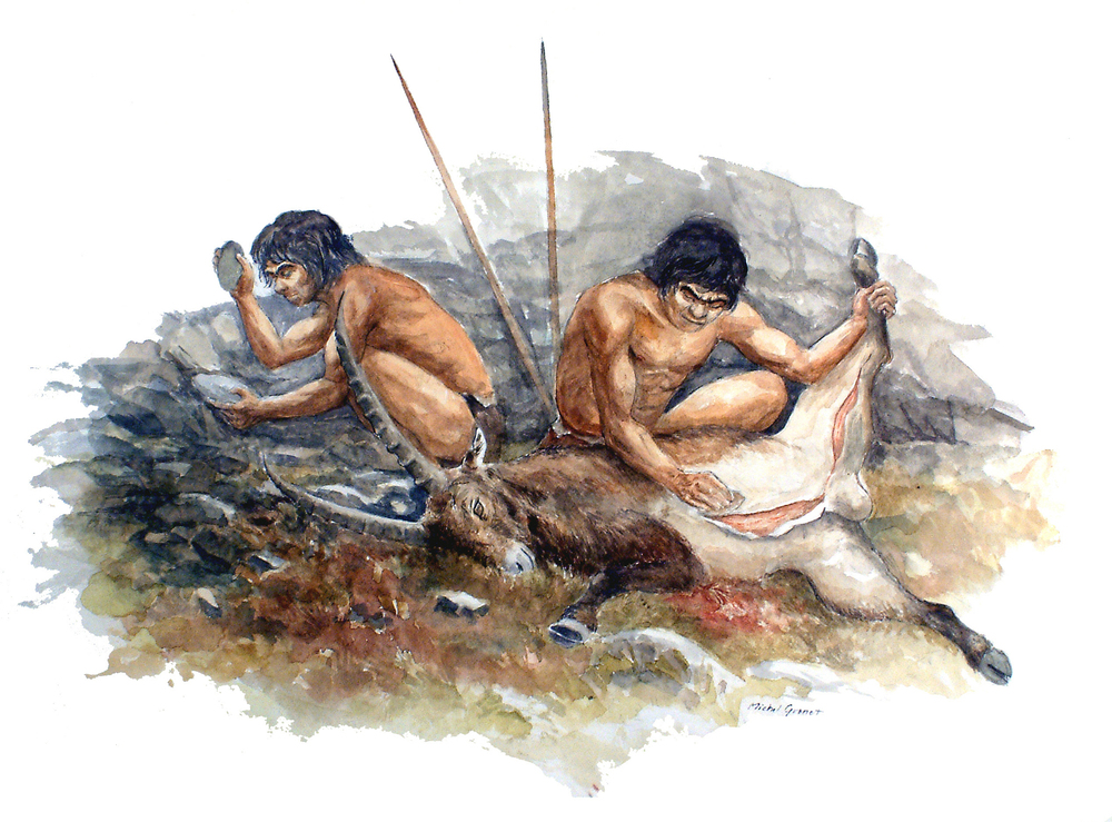 Neanderthal hunters cutting up their kill.