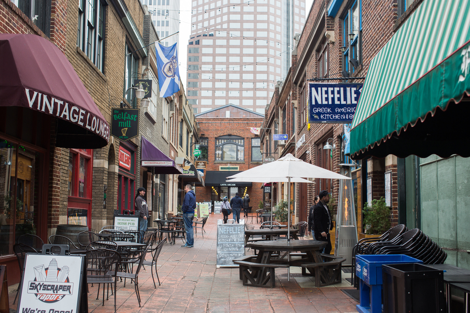 People have lunch in the French Quarter at Latta Arcade in uptown Charlotte, N.C. (Logan Cyrus for NPR)