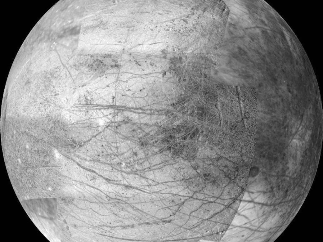 The side of Jupiter's moon Europa that faces the giant planet.