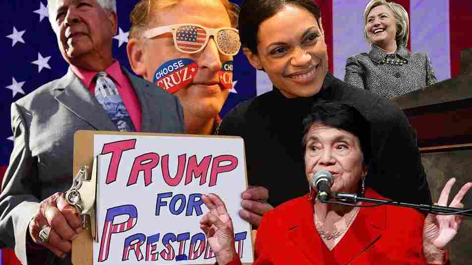 American Flag (Credit: KENA BETANCUR/AFP/Getty Images); Trump for President: (ROBYN BECK/AFP/Getty Images); Choose Cruz (Joe Raedle/Getty Images); Rosario Dawson: (Slaven Vlasic/Getty Images); Dolores Huerta: (Todd Oren/Getty Images for NWHM; Hillary Clinton (Justin Sullivan/Getty Images)