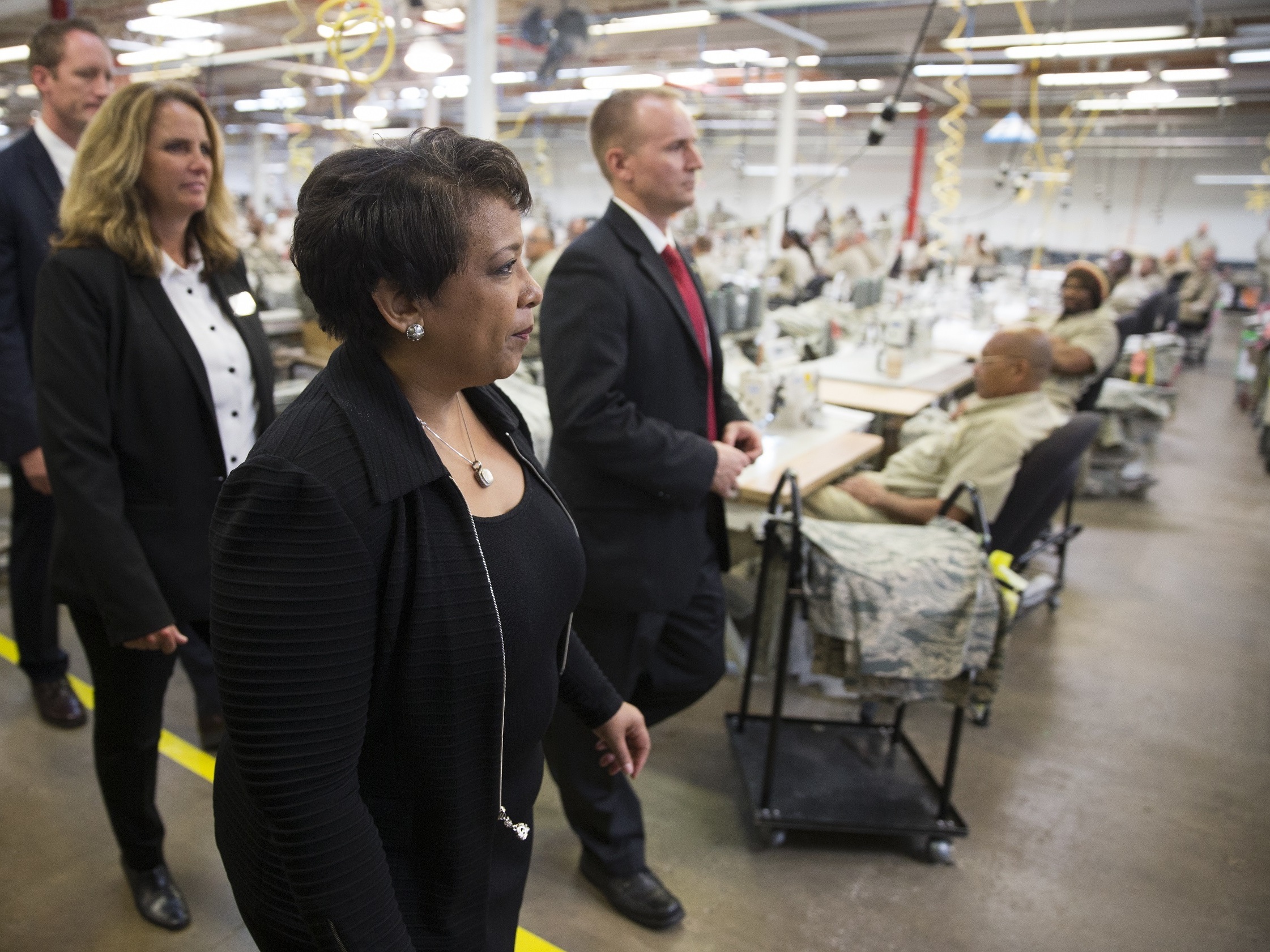 Attorney General Loretta Lynch tours a factory where inmates work at the Talladega Federal Correctional Institution in Talladega, Ala. on April 29, 2016.
