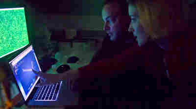 Two EteRNA players check out a molecule designed using the online game. The display above shows output from a laser microscope that tests the new designs.