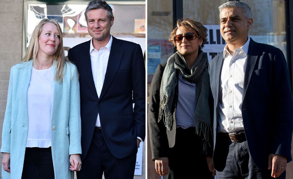 Conservative mayoral candidate Zac Goldsmith and his wife, Alice (left); Britain's Labour Party candidate Sadiq Khan and his wife, Saadiya. The candidates cast their votes on Thursday in hopes of becoming London's next mayor. (Ben Stansall, Justin Tallis/AFP/Getty Images)
