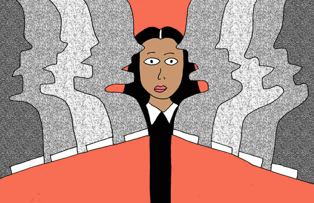 Men crowd out a woman in two high-level panels.
