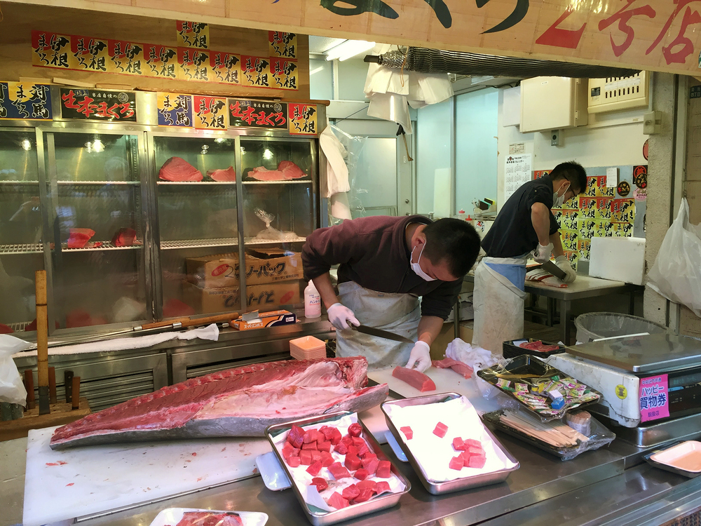 A vendor at Tokyo's famed Tsukiji Fish Market butchers a Pacific bluefin tuna caught in waters off Mexico.