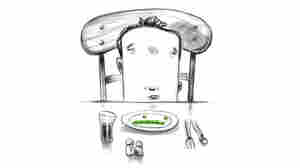 Illustration of a young boy making a face at peas that are arranged like an unhappy face on his plate.