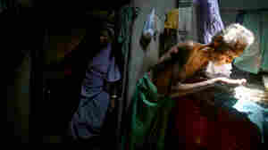 Debendra Tarek, 80, inspects a handful of salt-resistant rice in his home on the tidal island of Ghoramara, which is shrinking quickly because of climate change.